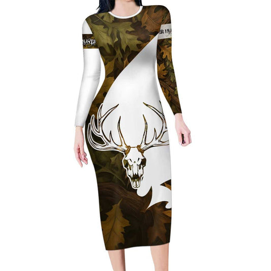Custom Deer Hunting Skull With Antlers Graphic On Autumn Leaf Camo Background Long Sleeve Bodycon Dress