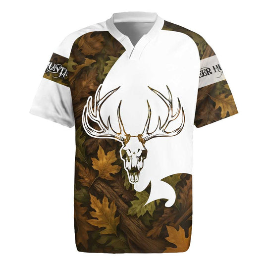 Custom Deer Hunting Skull With Antlers Graphic On Autumn Leaf Camo Background Rugby Jersey