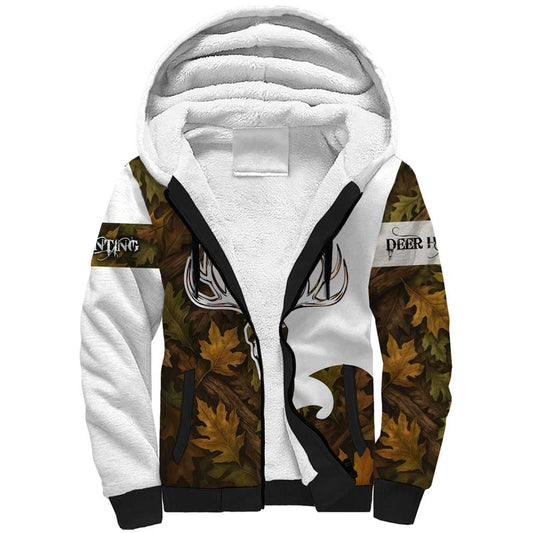 Custom Deer Hunting Skull Sherpa Hoodie with Antlers Graphic on Autumn Leaf Camo Background