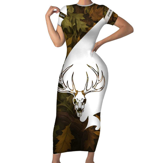 Custom Deer Hunting Skull With Antlers Graphic On Autumn Leaf Camo Background Short Sleeve Bodycon Dress