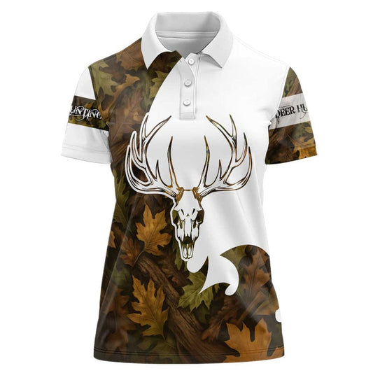 Custom Deer Hunting Skull Women Polo Shirt with Antlers Graphic on Autumn Leaf Camo Background