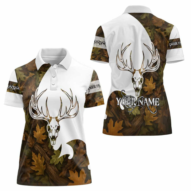 Custom Deer Hunting Skull Women Polo Shirt with Antlers Graphic on Autumn Leaf Camo Background