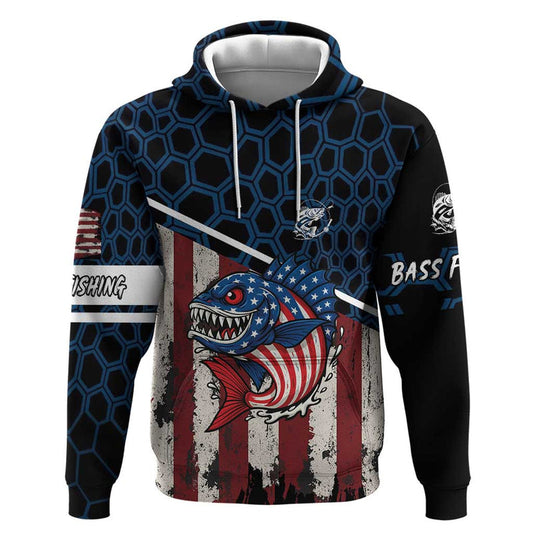 Aggressive Bass Fishing Hoodie with American Flag Pattern on Grunge Hex Background