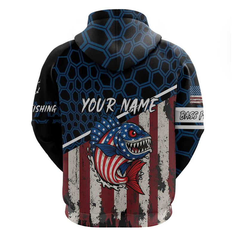 Aggressive Bass Fishing Hoodie with American Flag Pattern on Grunge Hex Background