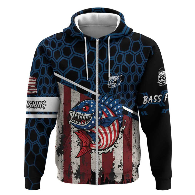 Aggressive Bass Fishing Hoodie with American Flag Pattern on Grunge Hex Background