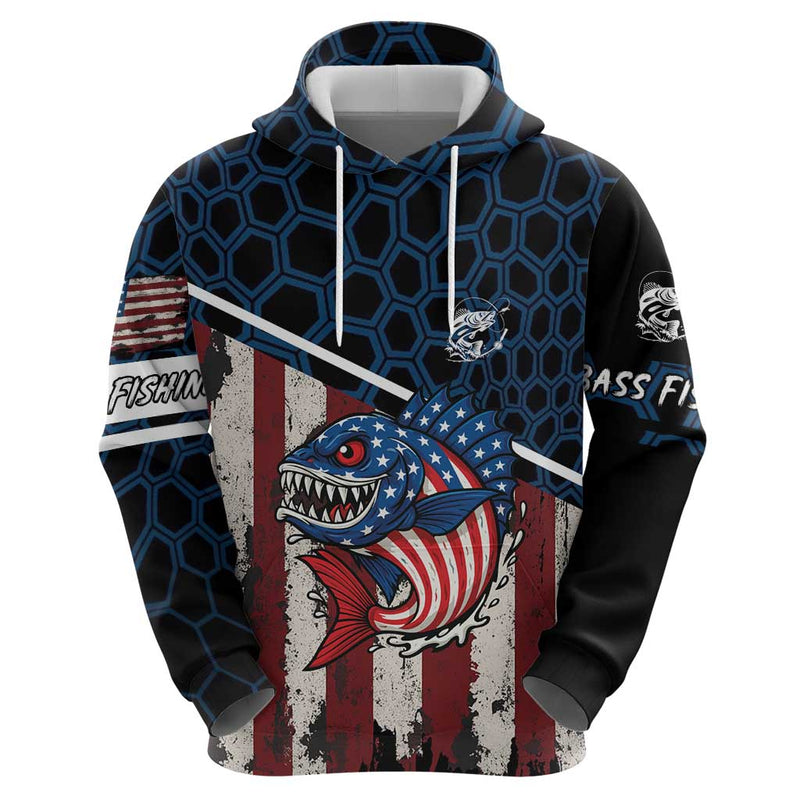 Aggressive Bass Fishing Hoodie with American Flag Pattern on Grunge Hex Background
