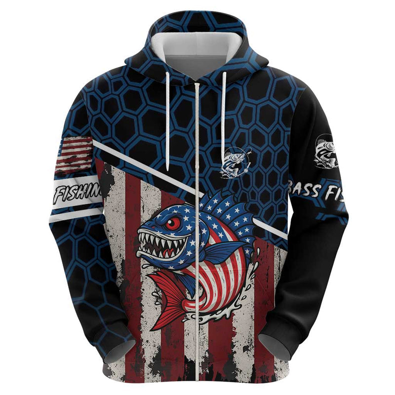 Aggressive Bass Fishing Hoodie with American Flag Pattern on Grunge Hex Background