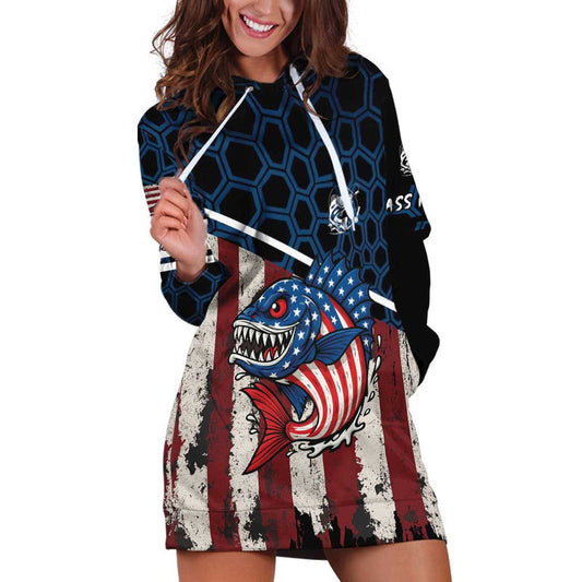 Aggressive Bass Fishing with American Flag Pattern on Grunge Hex Background Hoodie Dress