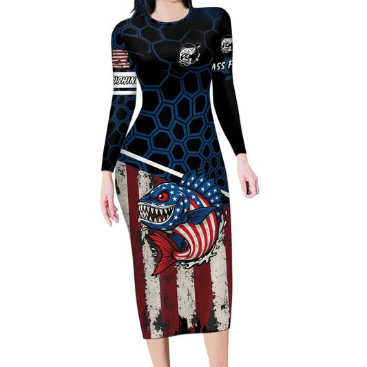 Aggressive Bass Fishing With American Flag Pattern On Grunge Hex Background Long Sleeve Bodycon Dress