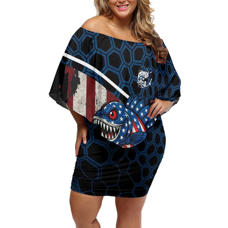 Aggressive Bass Fishing With American Flag Pattern On Grunge Hex Background Off Shoulder Short Dress