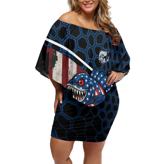 Aggressive Bass Fishing With American Flag Pattern On Grunge Hex Background Off Shoulder Short Dress