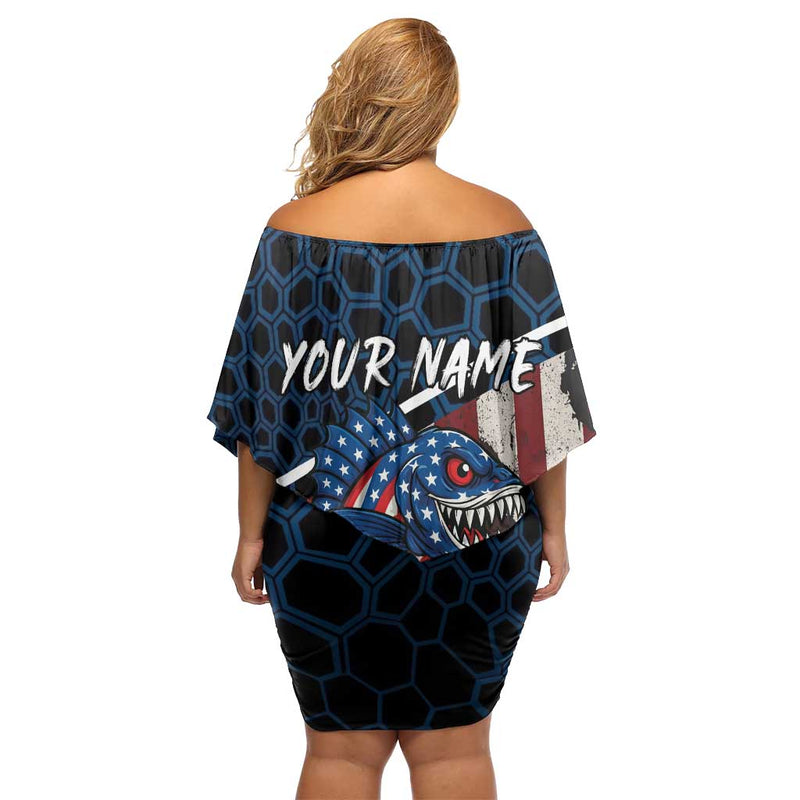 Aggressive Bass Fishing With American Flag Pattern On Grunge Hex Background Off Shoulder Short Dress