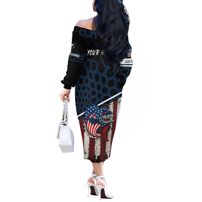 Aggressive Bass Fishing With American Flag Pattern On Grunge Hex Background Off The Shoulder Long Sleeve Dress
