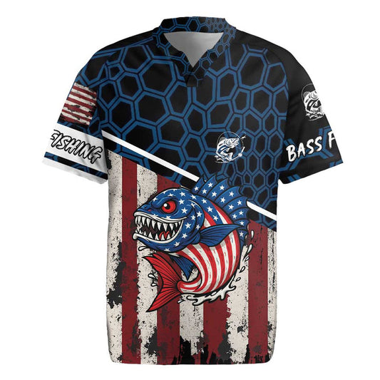 Aggressive Bass Fishing With American Flag Pattern On Grunge Hex Background Rugby Jersey