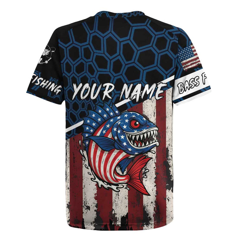 Aggressive Bass Fishing With American Flag Pattern On Grunge Hex Background Rugby Jersey