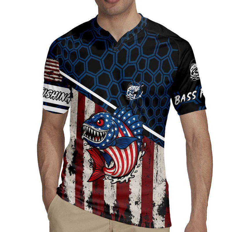 Aggressive Bass Fishing With American Flag Pattern On Grunge Hex Background Rugby Jersey