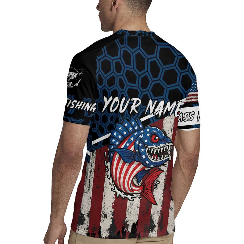 Aggressive Bass Fishing With American Flag Pattern On Grunge Hex Background Rugby Jersey