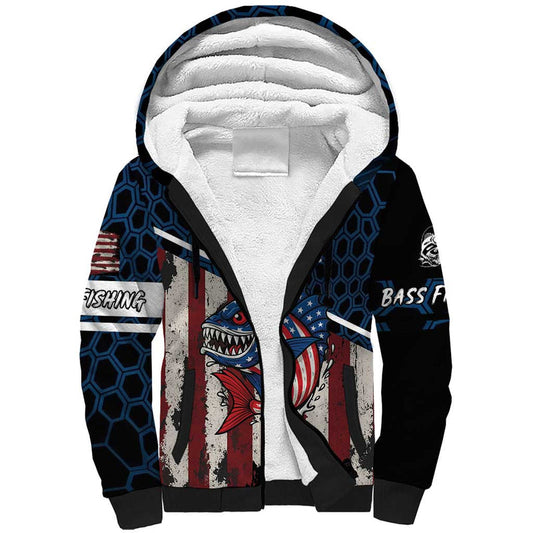 Aggressive Bass Fishing Sherpa Hoodie with American Flag Pattern on Grunge Hex Background