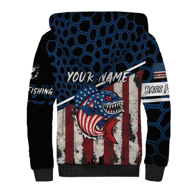 Aggressive Bass Fishing Sherpa Hoodie with American Flag Pattern on Grunge Hex Background