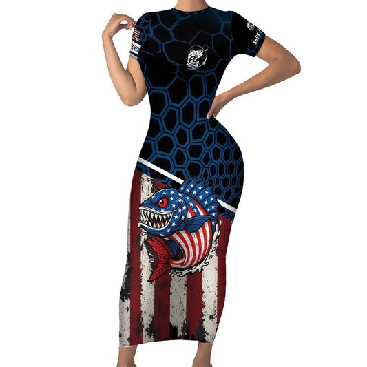 Aggressive Bass Fishing With American Flag Pattern On Grunge Hex Background Short Sleeve Bodycon Dress