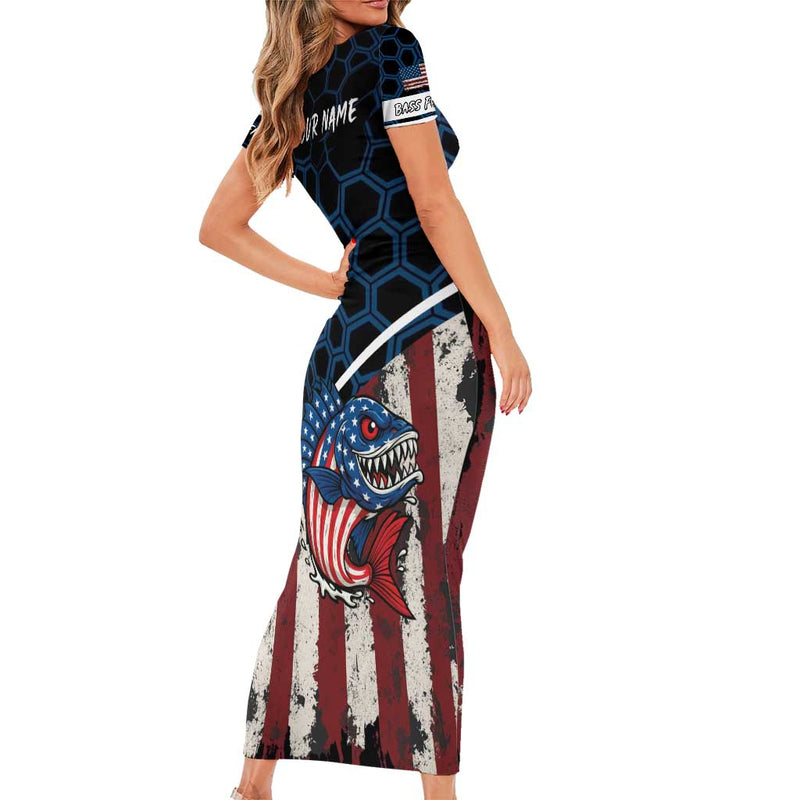 Aggressive Bass Fishing With American Flag Pattern On Grunge Hex Background Short Sleeve Bodycon Dress
