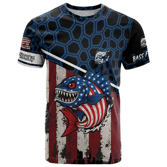Aggressive Bass Fishing T Shirt with American Flag Pattern on Grunge Hex Background