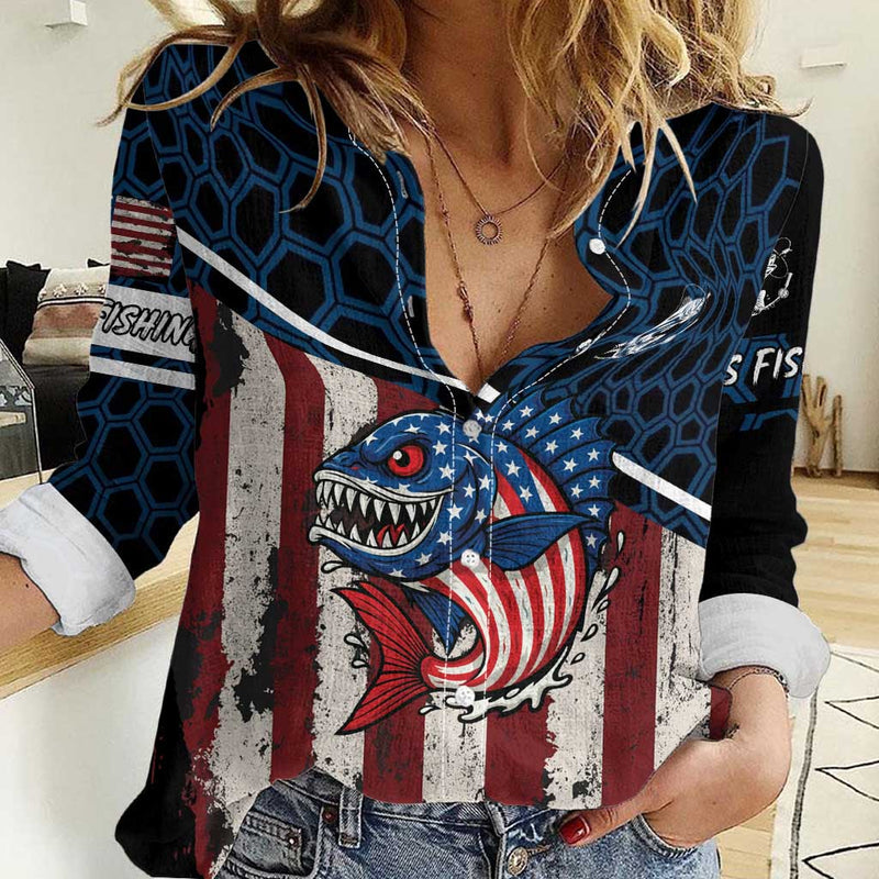 Aggressive Bass Fishing Women Casual Shirt with American Flag Pattern on Grunge Hex Background