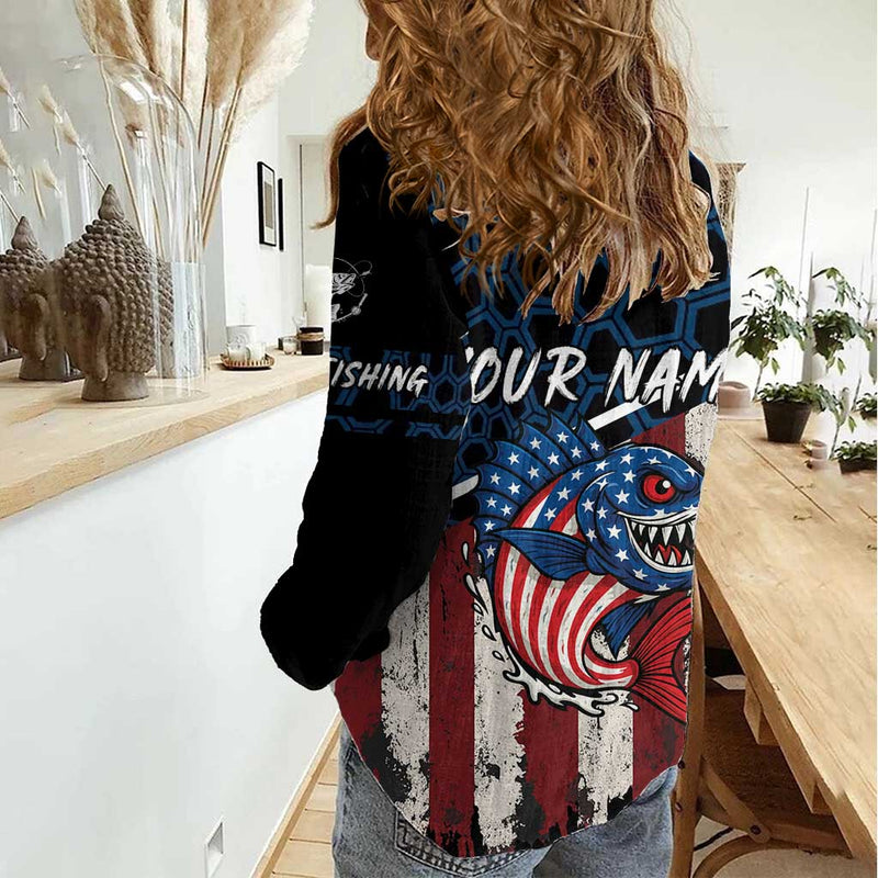 Aggressive Bass Fishing Women Casual Shirt with American Flag Pattern on Grunge Hex Background