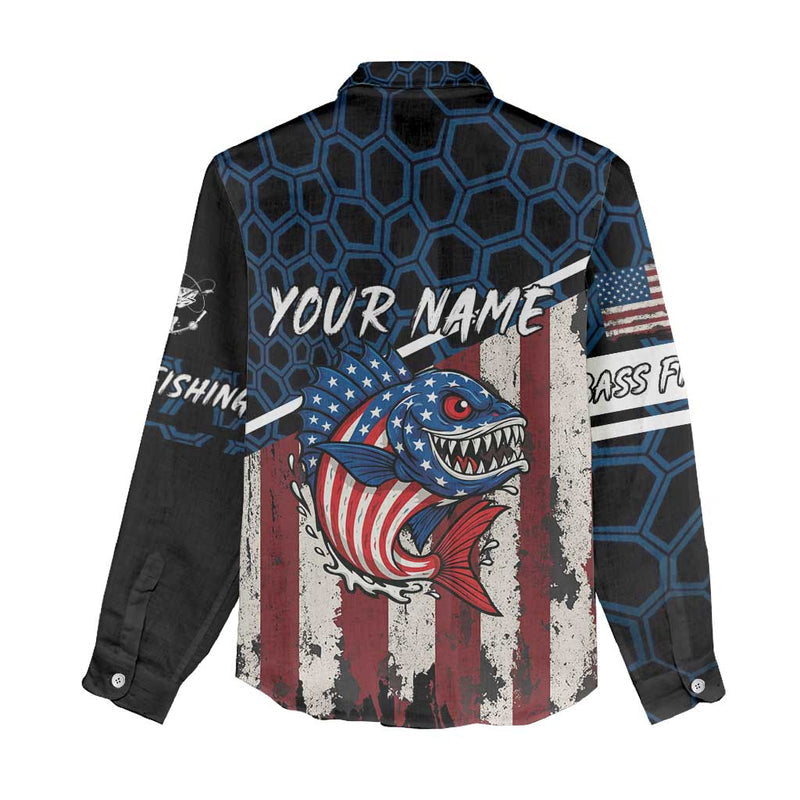 Aggressive Bass Fishing Women Casual Shirt with American Flag Pattern on Grunge Hex Background