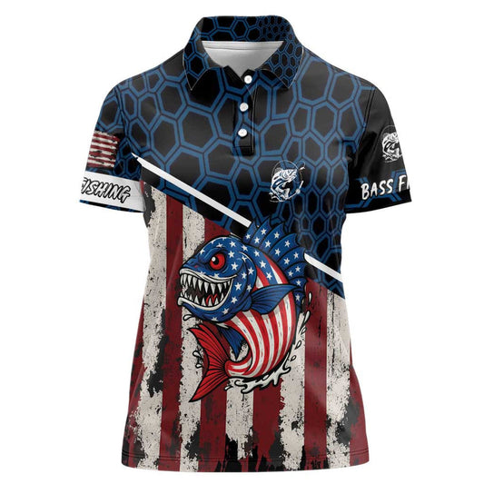 Aggressive Bass Fishing Women Polo Shirt with American Flag Pattern on Grunge Hex Background