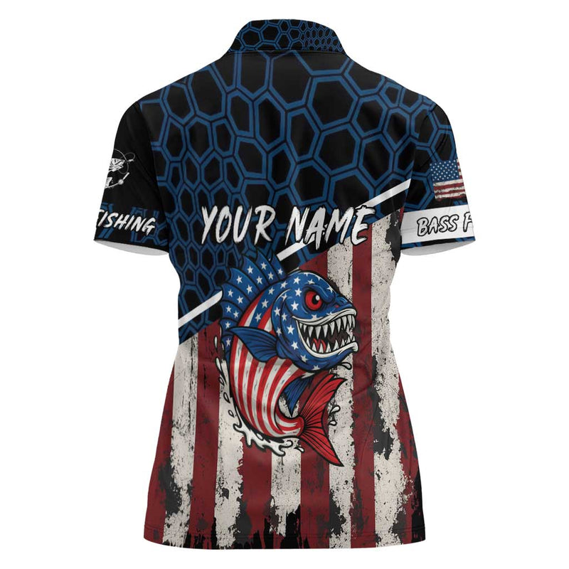 Aggressive Bass Fishing Women Polo Shirt with American Flag Pattern on Grunge Hex Background