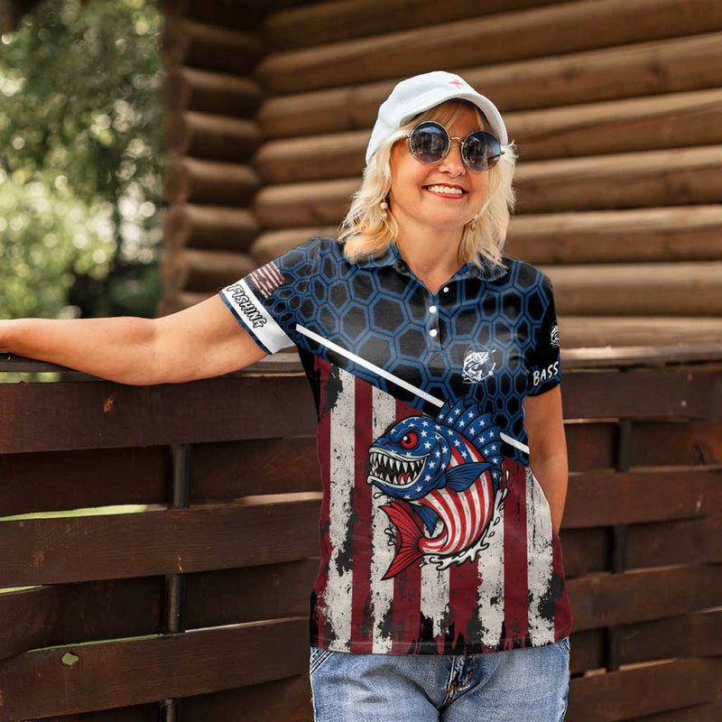 Aggressive Bass Fishing Women Polo Shirt with American Flag Pattern on Grunge Hex Background