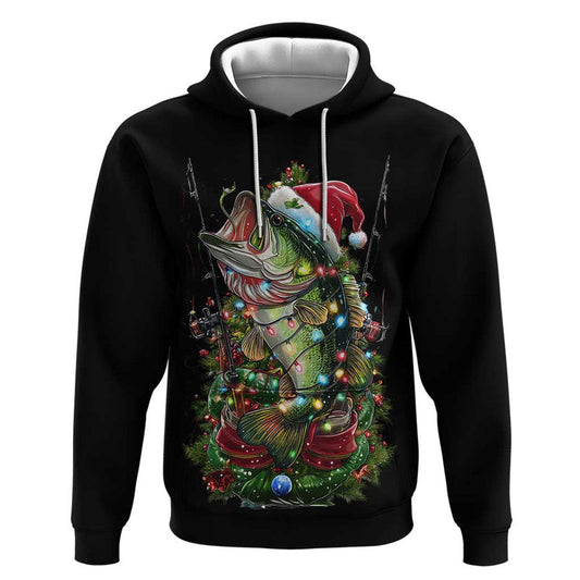 Custom Christmas Bass Fishing Hoodie Santa Hat and Holiday Lights on Black Background