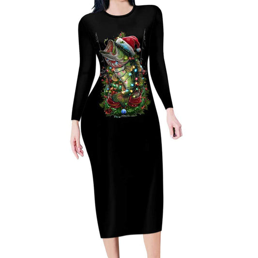 Custom Christmas Bass Fishing Santa Hat And Holiday Lights On Black Background Long Sleeve Bodycon Dress