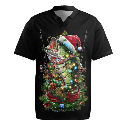 Custom Christmas Bass Fishing Santa Hat And Holiday Lights On Black Background Rugby Jersey