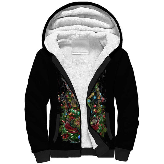 Custom Christmas Bass Fishing Sherpa Hoodie Santa Hat and Holiday Lights on Black Background