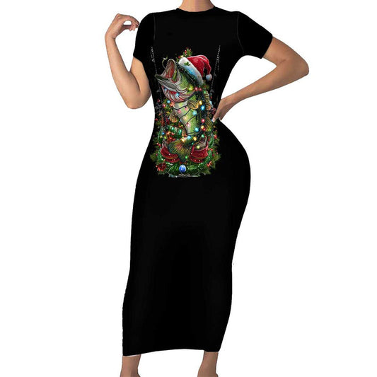 Custom Christmas Bass Fishing Santa Hat And Holiday Lights On Black Background Short Sleeve Bodycon Dress