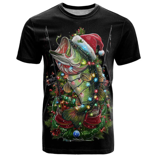 Custom Christmas Bass Fishing T Shirt Santa Hat and Holiday Lights on Black Background