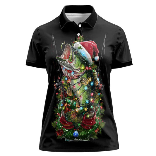 Custom Christmas Bass Fishing Women Polo Shirt Santa Hat and Holiday Lights on Black Background