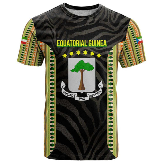 Equatorial Guinea Heritage with National Emblem and Tribal Zebra Print T Shirt