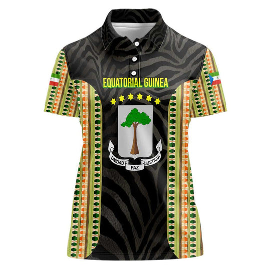 Equatorial Guinea Heritage with National Emblem and Tribal Zebra Print Women Polo Shirt