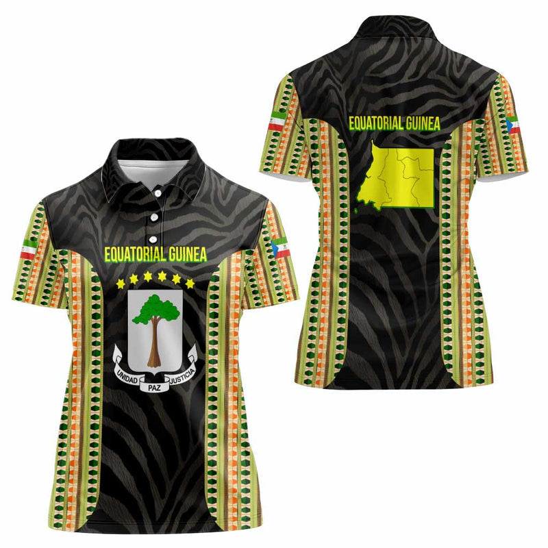 Equatorial Guinea Heritage with National Emblem and Tribal Zebra Print Women Polo Shirt