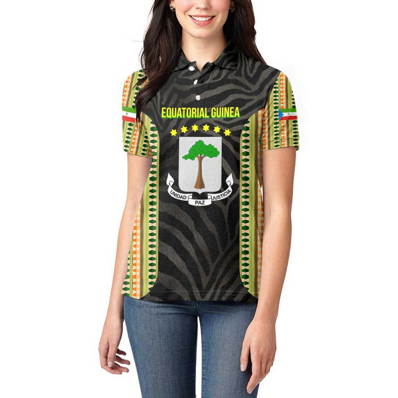 Equatorial Guinea Heritage with National Emblem and Tribal Zebra Print Women Polo Shirt