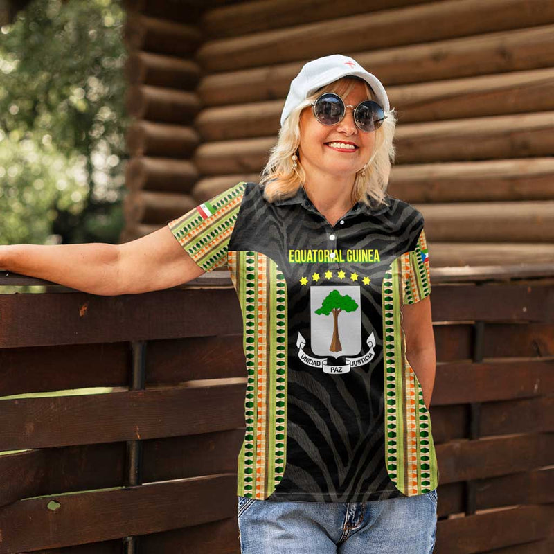 Equatorial Guinea Heritage with National Emblem and Tribal Zebra Print Women Polo Shirt