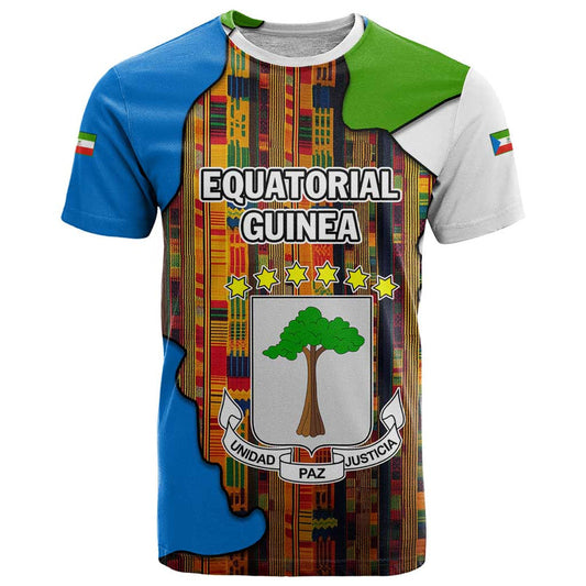 Equatorial Guinea Kente with Tribal Mask and National Coat of Arms T Shirt
