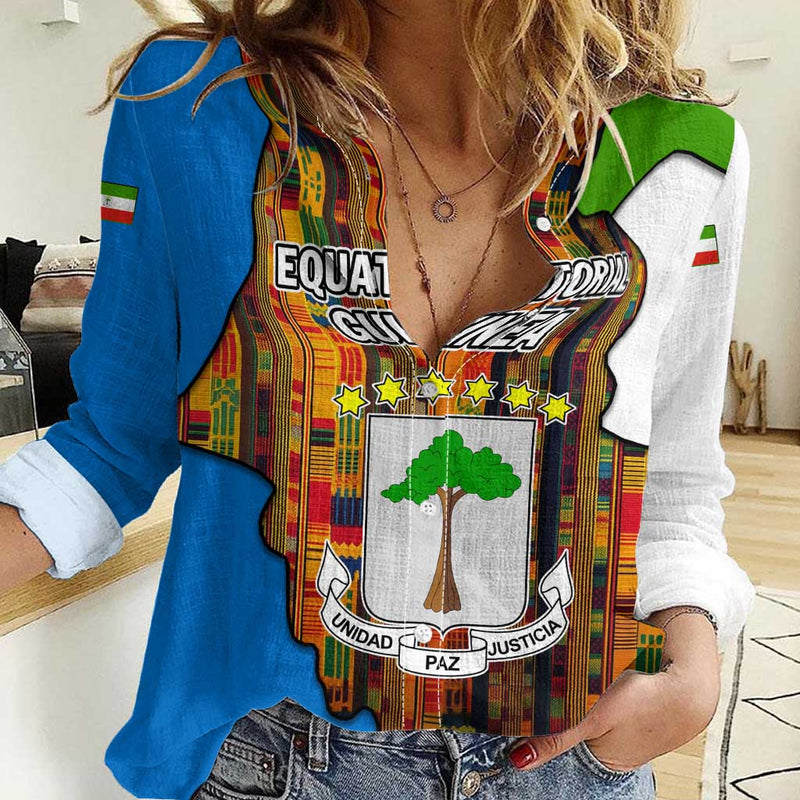 Equatorial Guinea Kente with Tribal Mask and National Coat of Arms Women Casual Shirt