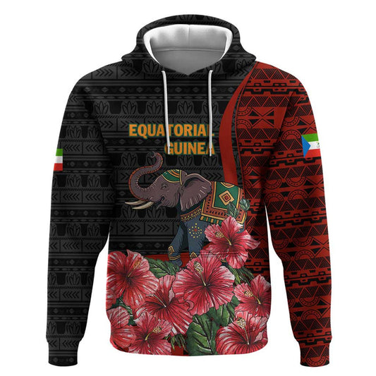Equatorial Guinea Elephant with Hibiscus Flowers and Tribal Patterns Hoodie