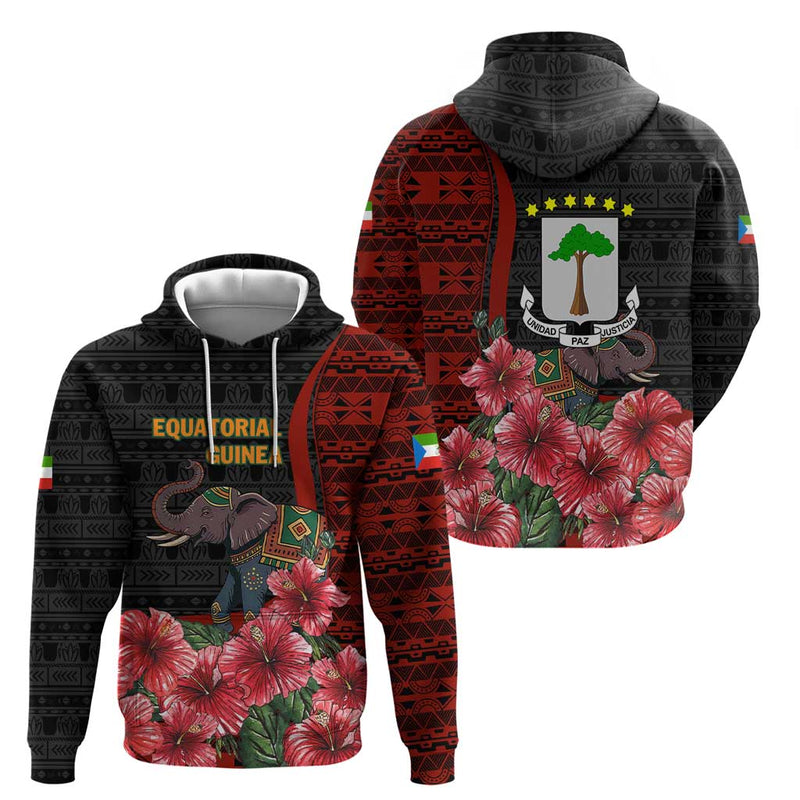 Equatorial Guinea Elephant with Hibiscus Flowers and Tribal Patterns Hoodie