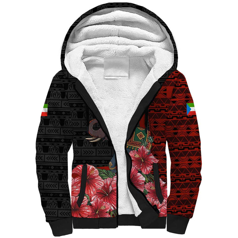 Equatorial Guinea Elephant with Hibiscus Flowers and Tribal Patterns Sherpa Hoodie
