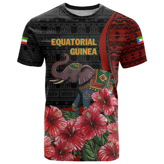 Equatorial Guinea Elephant with Hibiscus Flowers and Tribal Patterns T Shirt